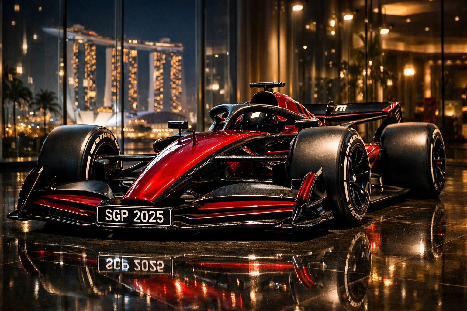 Carro de Fórmula 1 vermelho brilhante exposto numa sala com vidro e vista noturna da Marina Bay Sands em Singapura.
