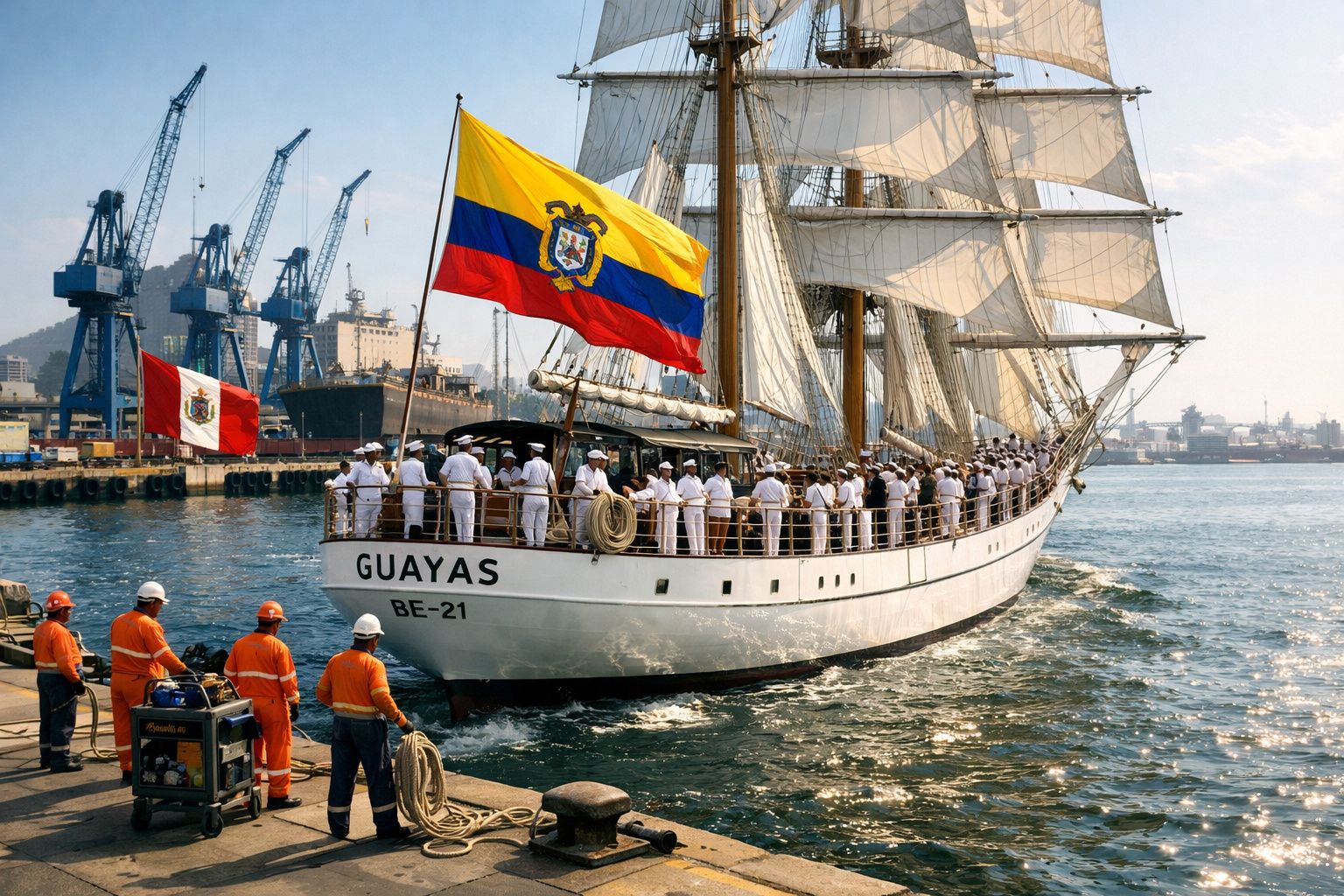 Veleiro Guayas com bandeira do Equador e tripulação em uniforme branco atracado num porto industrial.