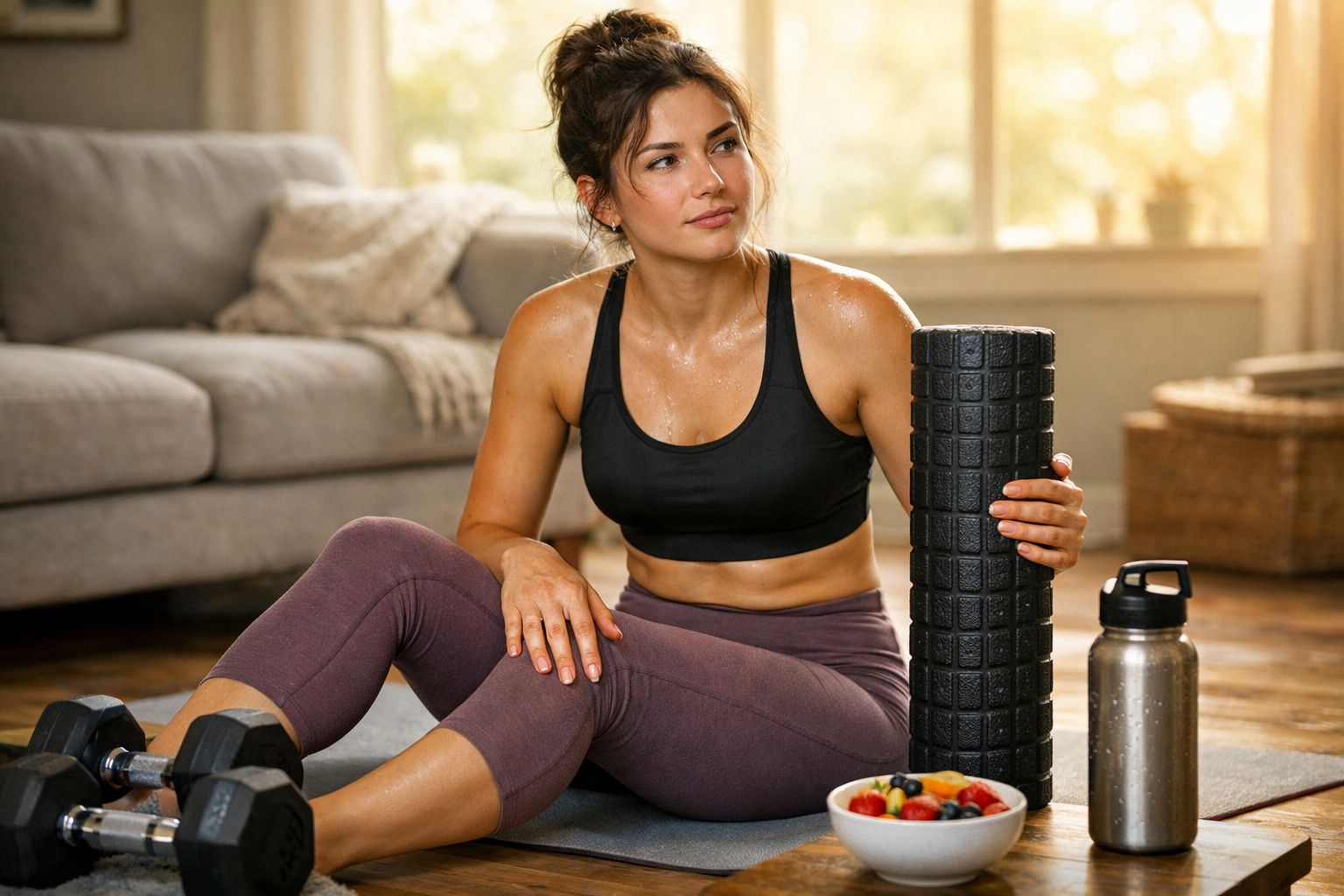 Mulher sentada no chão de treino, segurando rolo de espuma, rodeada por halteres e garrafa de água.