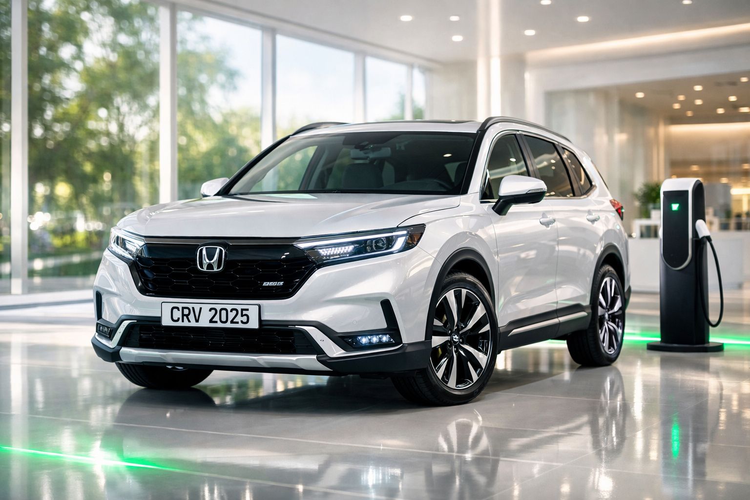 Carro SUV elétrico branco Honda CRV 2025 a carregar numa estação de carregamento interior moderna.