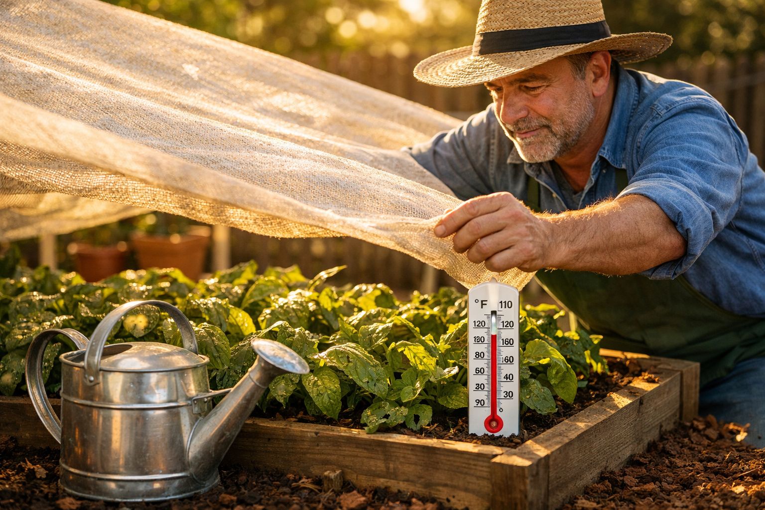 Homem a levantar rede protetora numa horta com plantas e termómetro a marcar alta temperatura.