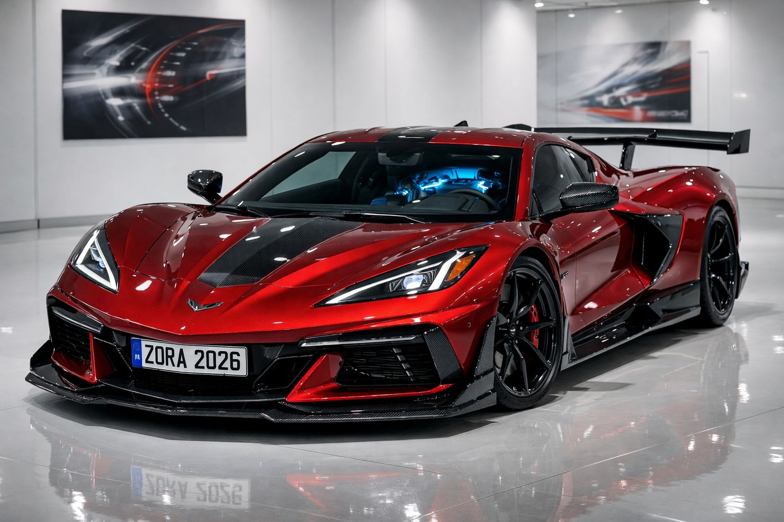 Carro desportivo vermelho com detalhes em preto, carroçaria aerodinâmica e matrícula ZORA 2026, em garagem iluminada.