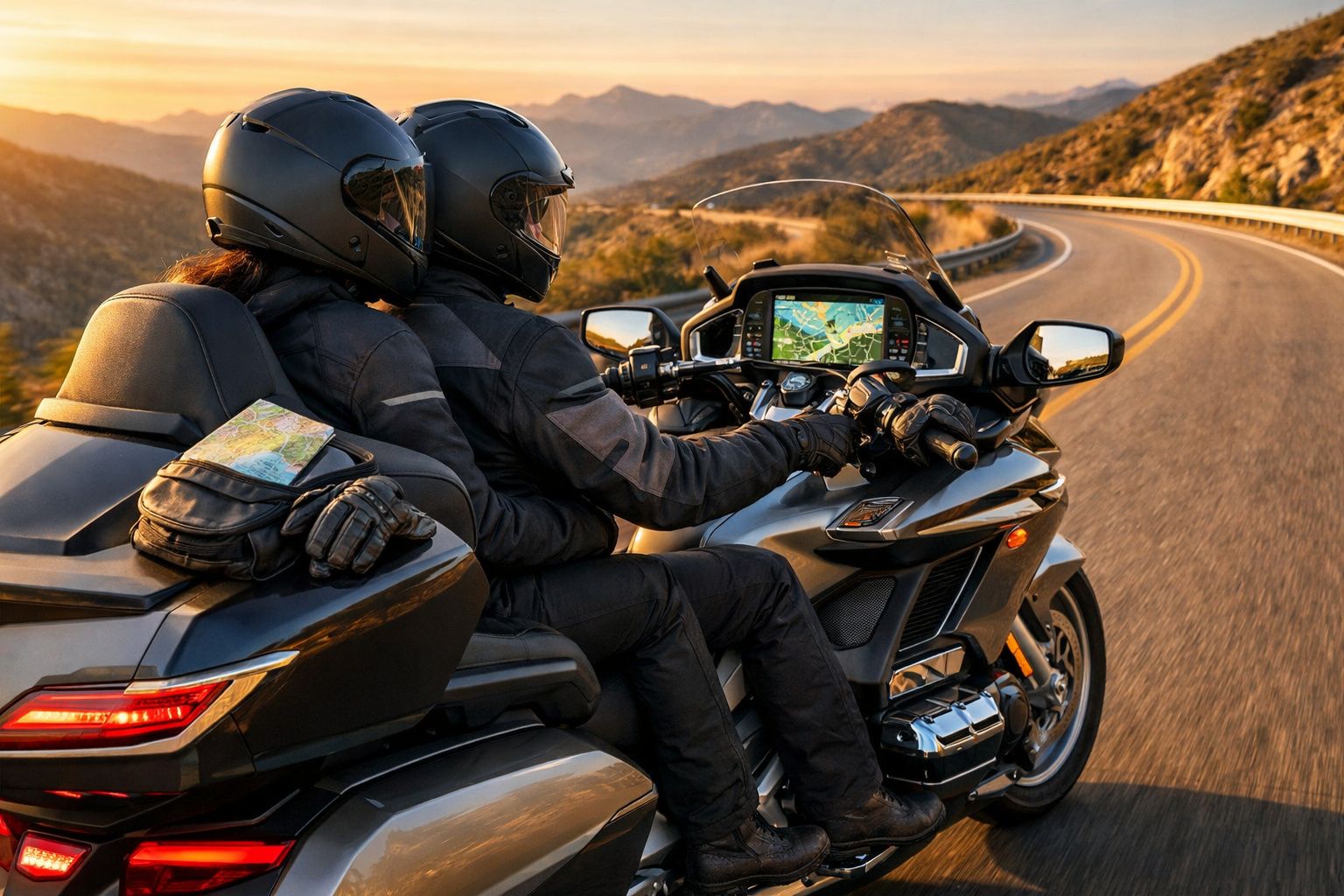 Duas pessoas de capacete em mota a conduzir numa estrada sinuosa entre montanhas ao pôr do sol.