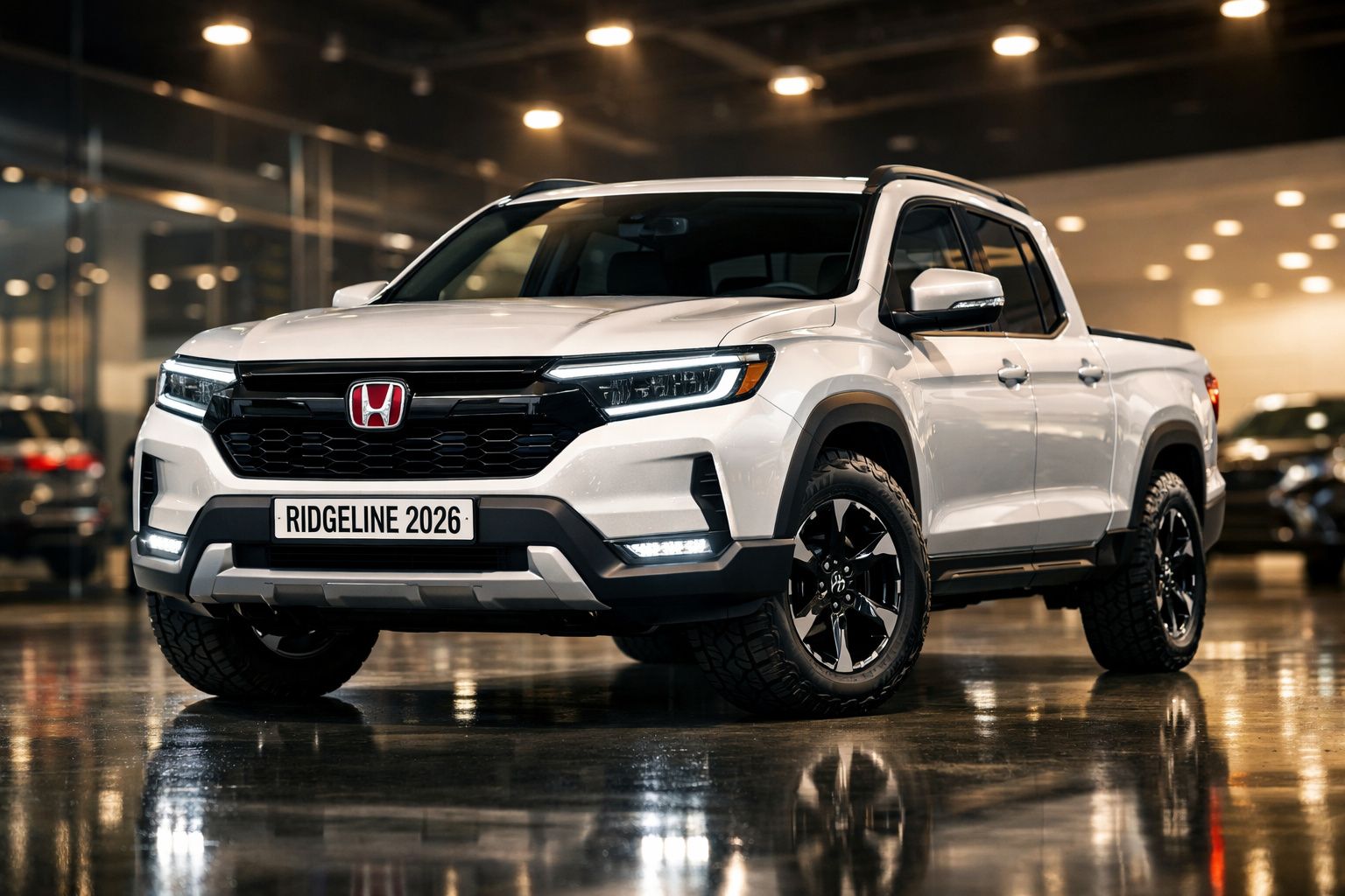 Pickup Honda Ridgeline 2026 branca com faróis LED num espaço interior moderno e iluminado.