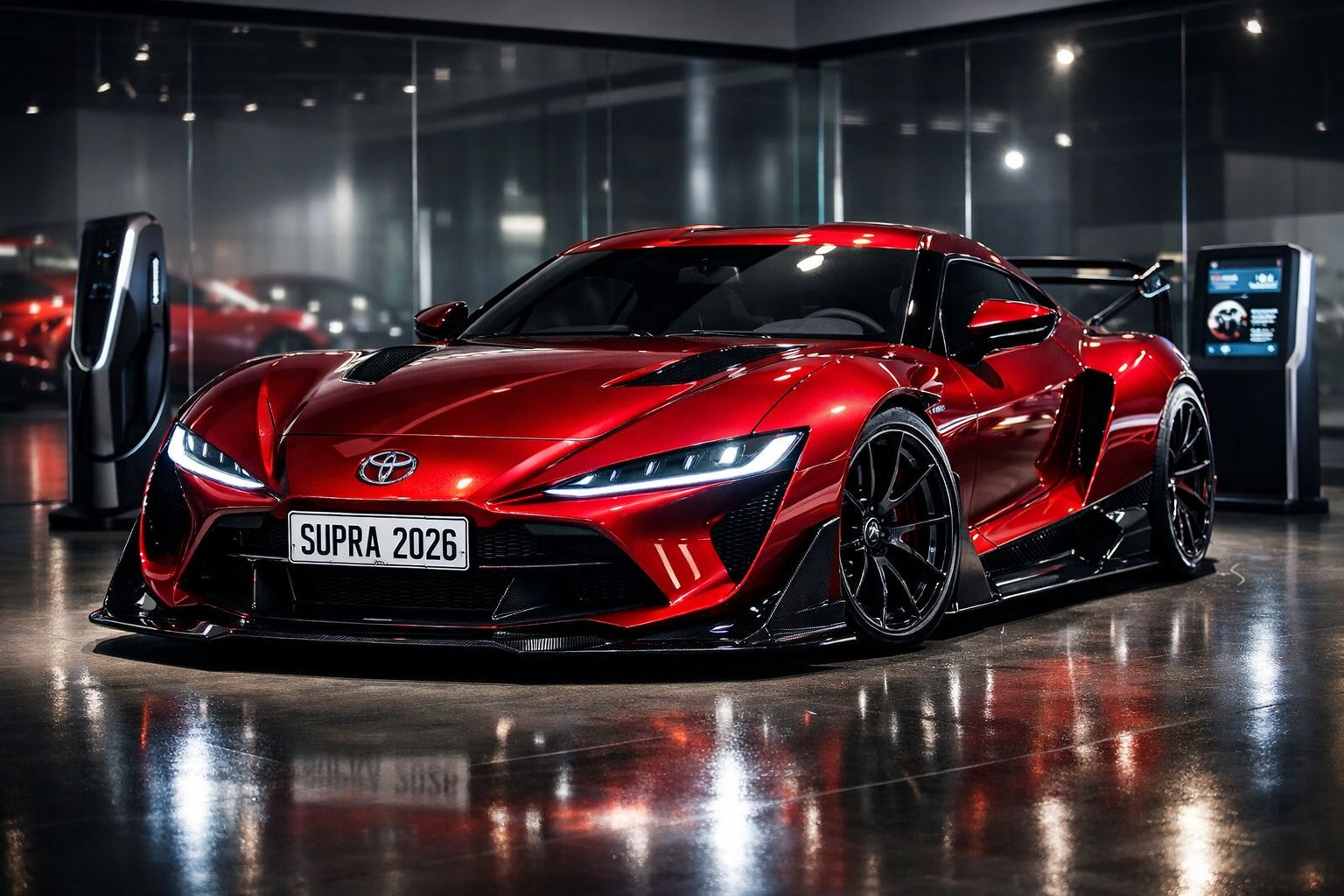 Carro desportivo Toyota Supra vermelho brilhante, modelo 2026, com faróis acesos em ambiente escuro e futurista.
