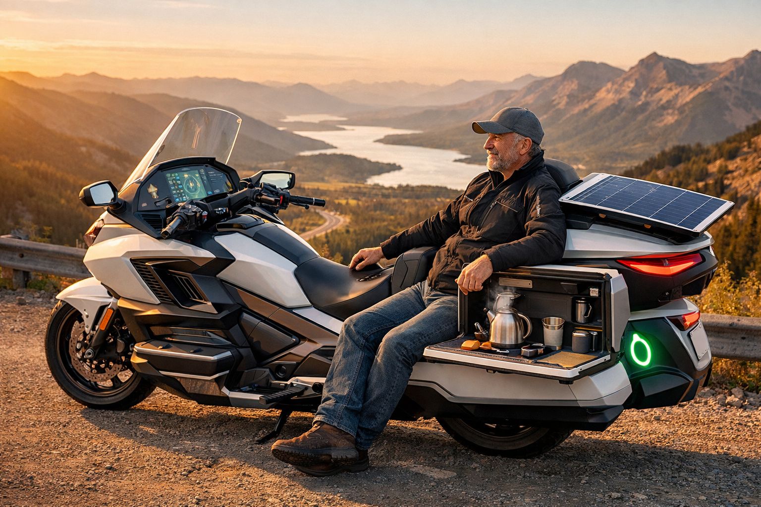 Homem sentado em moto elétrica com painel solar, com paisagem montanhosa e rio ao pôr do sol.