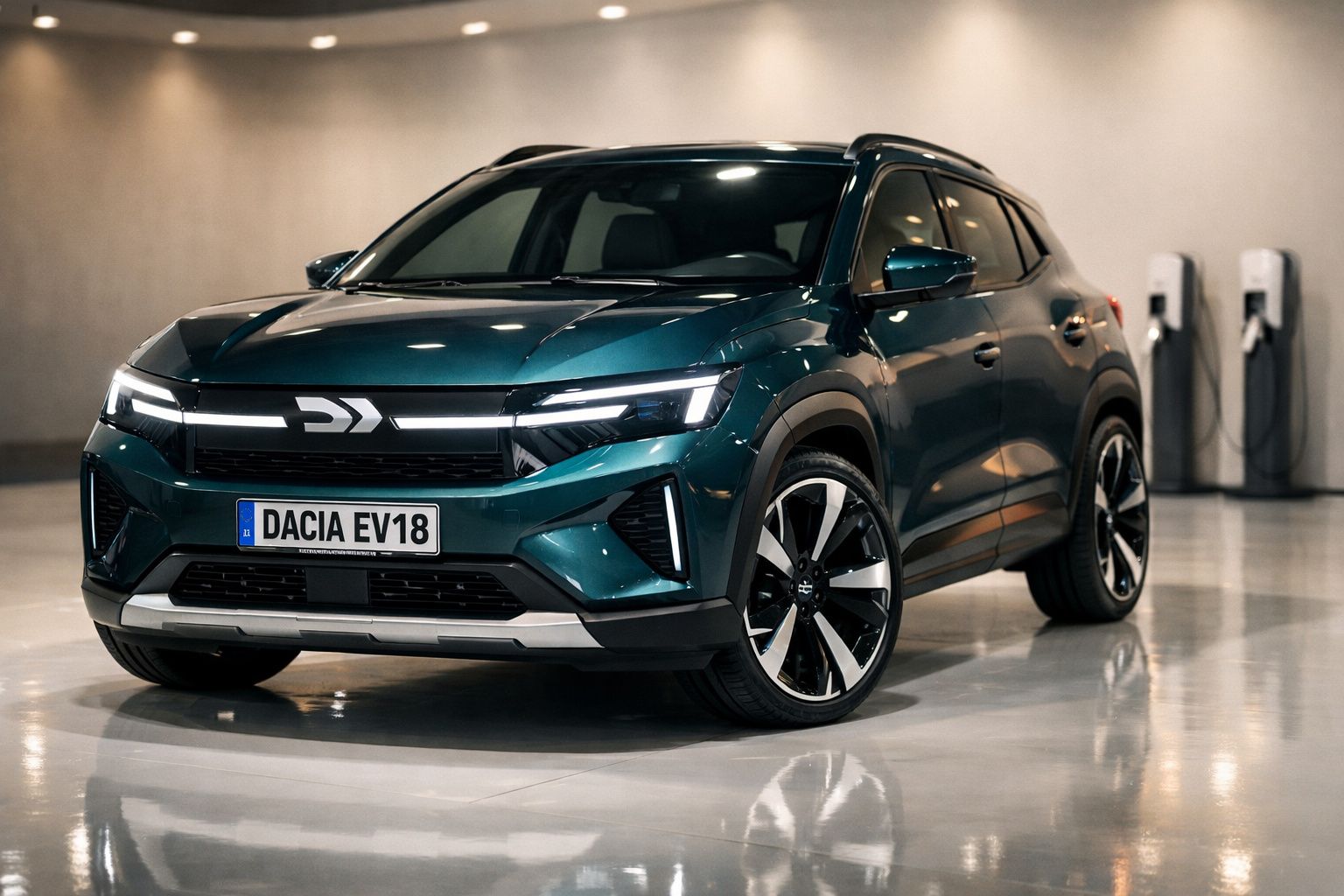 Carro elétrico Dacia EV18 verde escuro estacionado num espaço interior com carregadores elétricos ao fundo.