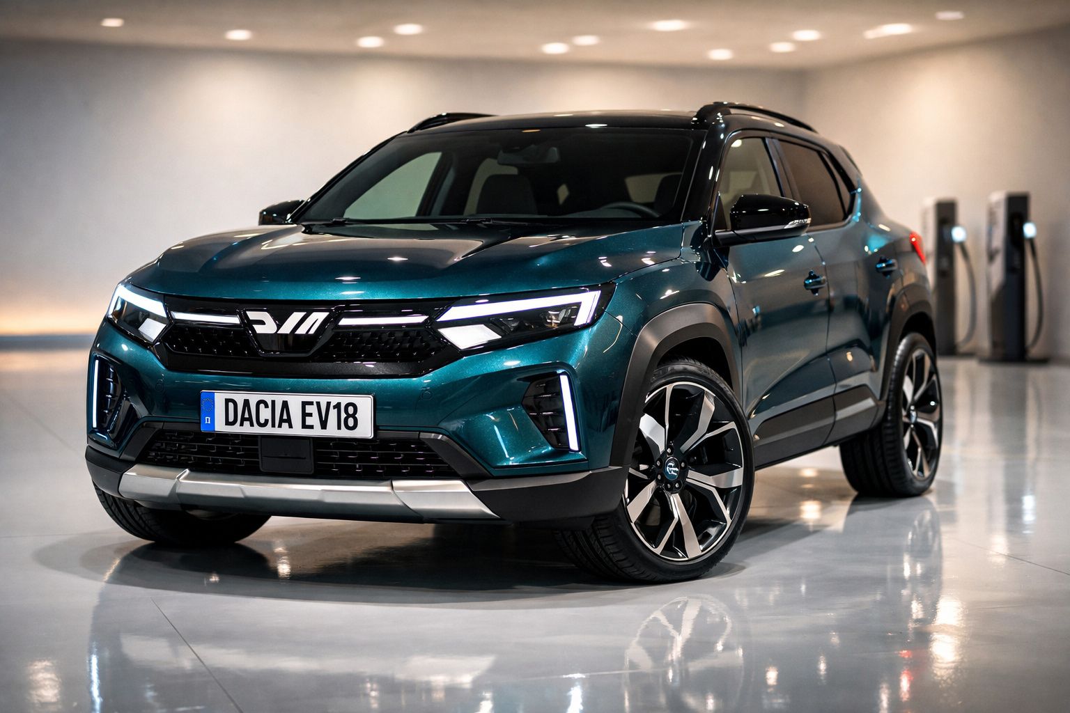 Carro eléctrico Dacia EV18 verde metálico estacionado em interior moderno com carregadores ao fundo.