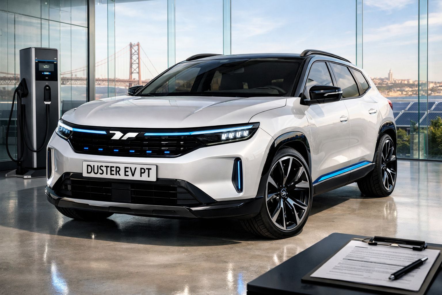 SUV elétrico branco Duster EV PT estacionado em interior moderno com ponte e cidade ao fundo.