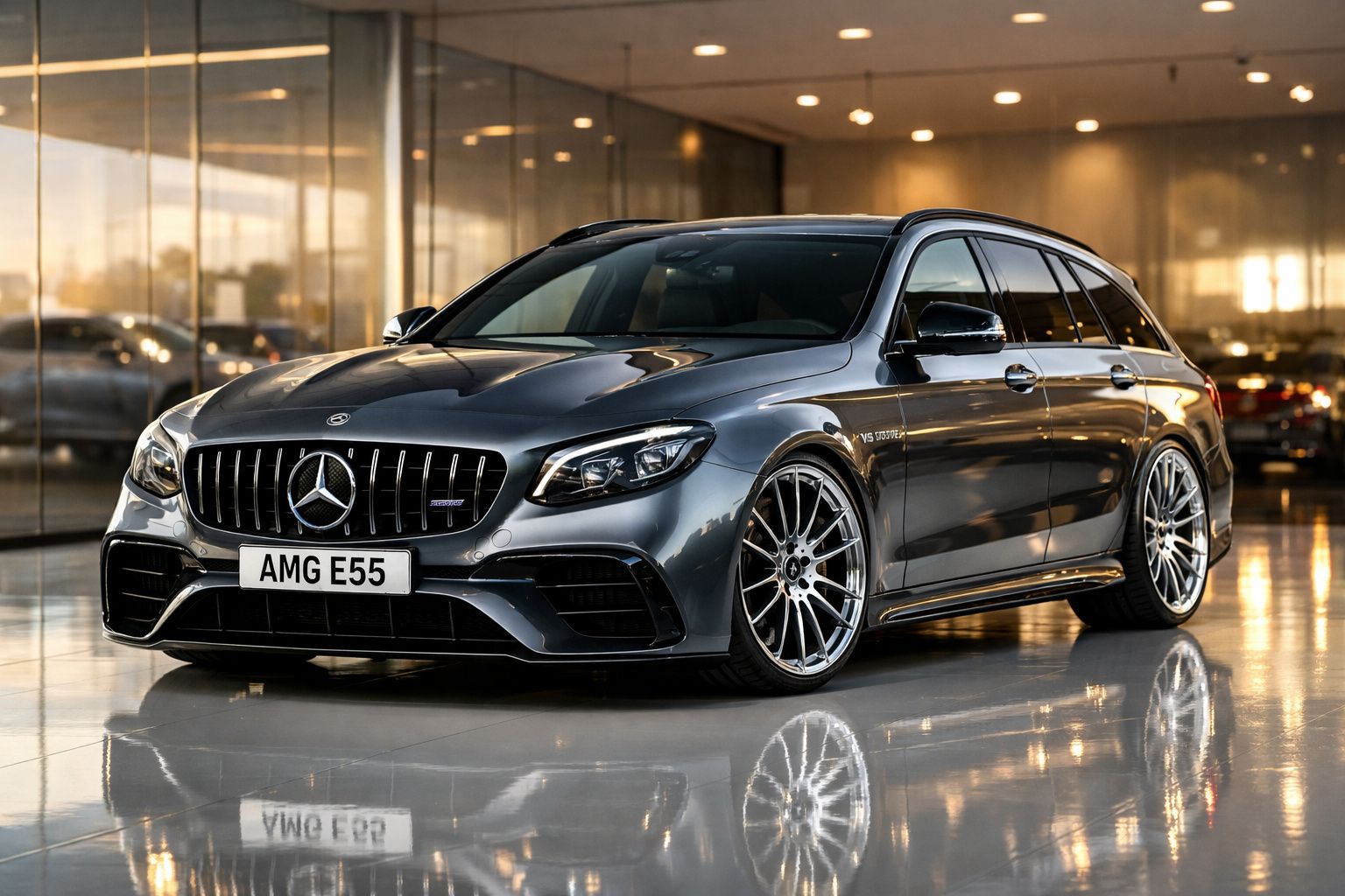Carro Mercedes-Benz AMG E55 cinza metálico estacionado em piso brilhante com reflexos.