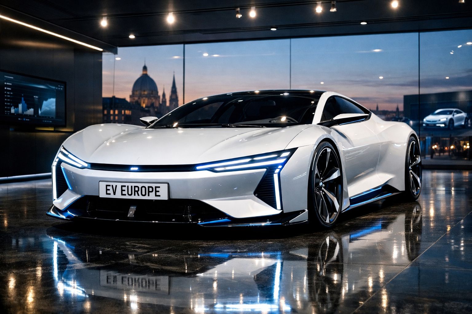 Carro desportivo elétrico prateado estacionado em interior moderno com vista urbana ao entardecer.