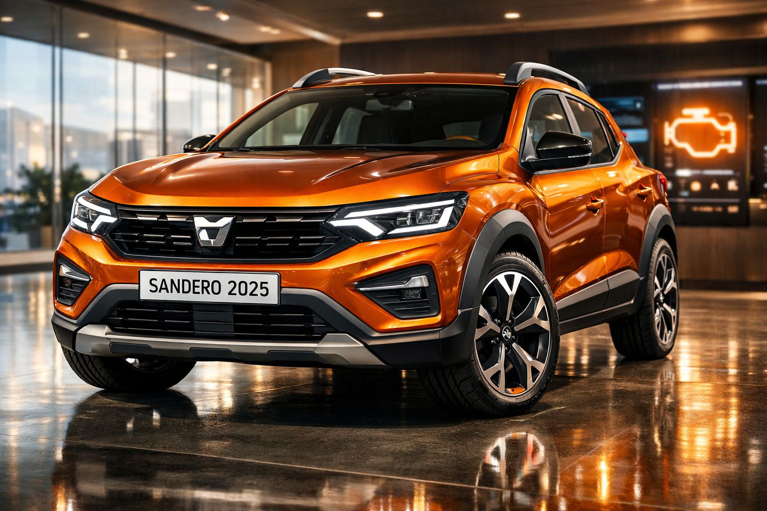 Automóvel laranja Dacia Sandero 2025 estacionado em interior com luzes modernas e reflexos no chão.