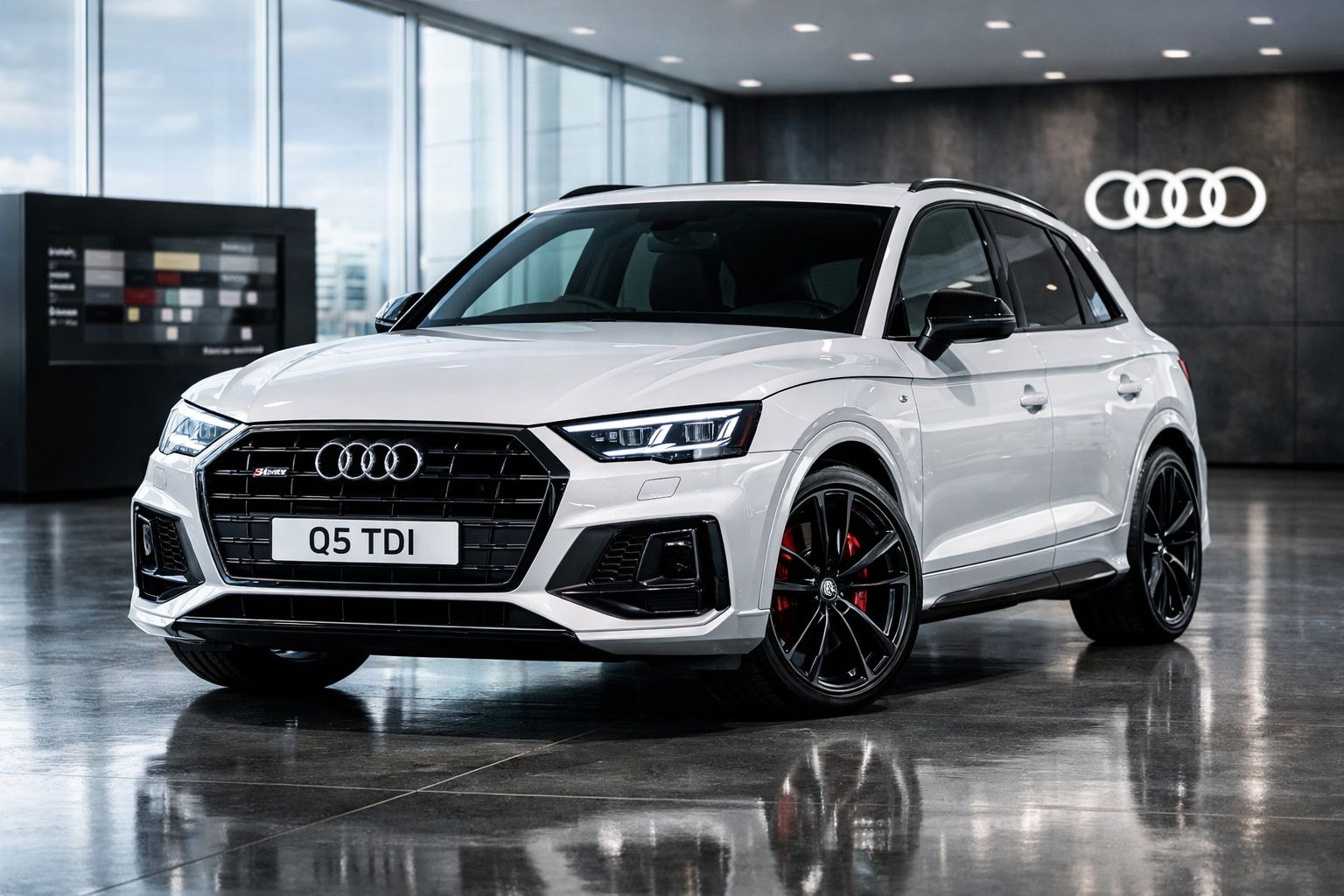 Carro Audi Q5 TDI branco estacionado em interior moderno, com jantes pretas e detalhes vermelhos nos discos.
