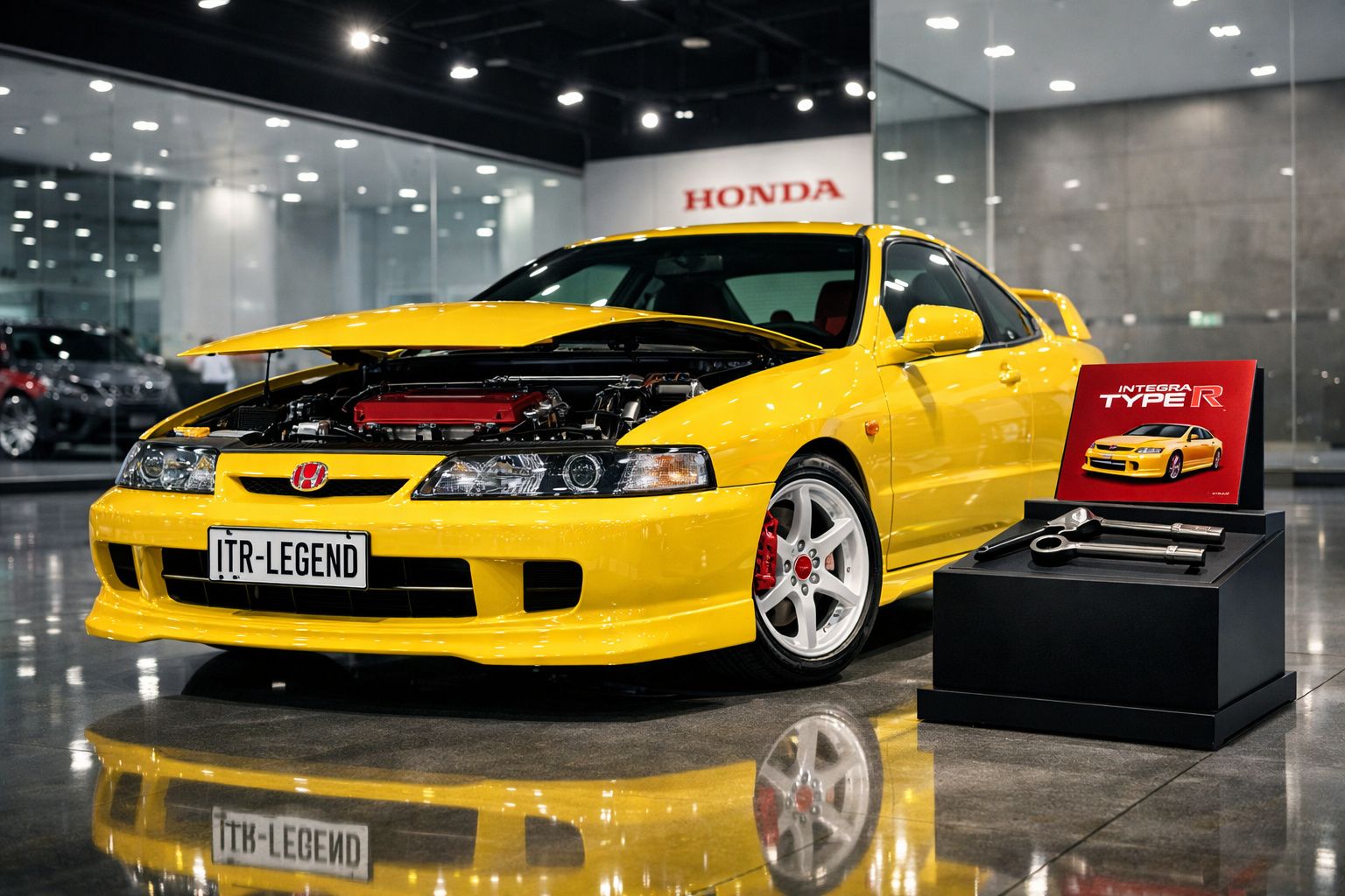 Carro Honda Integra Type R amarelo com capô aberto e placa "ITR-LEGEND" exposto em showroom.