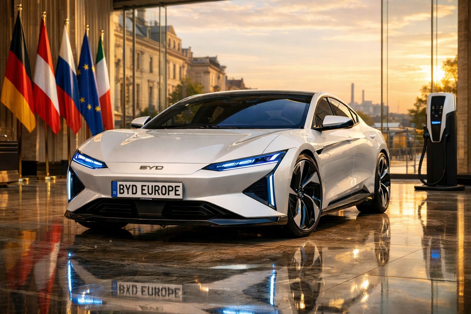 Carro elétrico BYD branco estacionado em piso brilhante junto a posto de carregamento, com bandeiras ao fundo.
