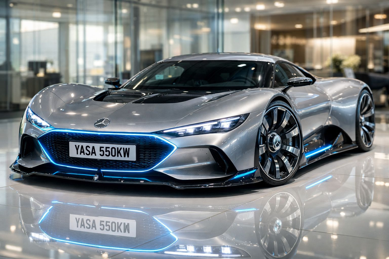 Carro desportivo elétrico Mercedes-Benz prata com luzes azuis em exposição num showroom moderno.