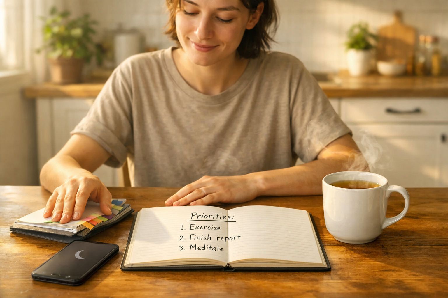 Mulher numa cozinha, com um caderno aberto a uma lista de prioridades e uma chávena de chá fumegante.