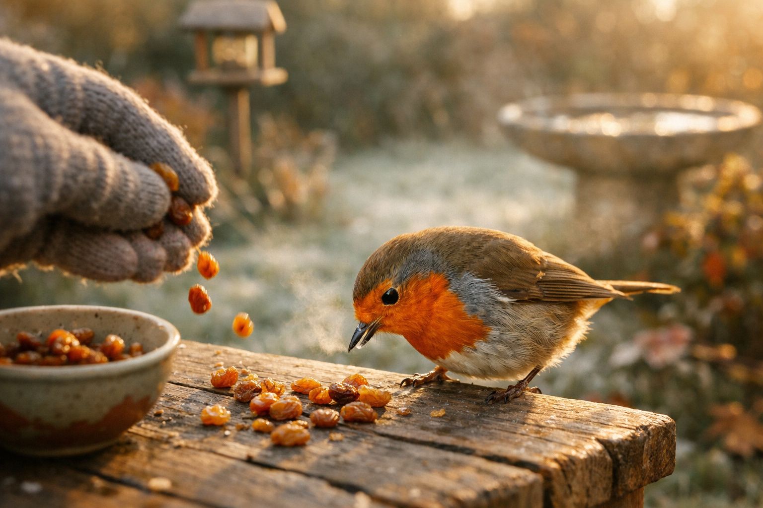 Pássaro com peito laranja alimentado com bagas por mãos com luvas cinzentas numa mesa rústica ao amanhecer.