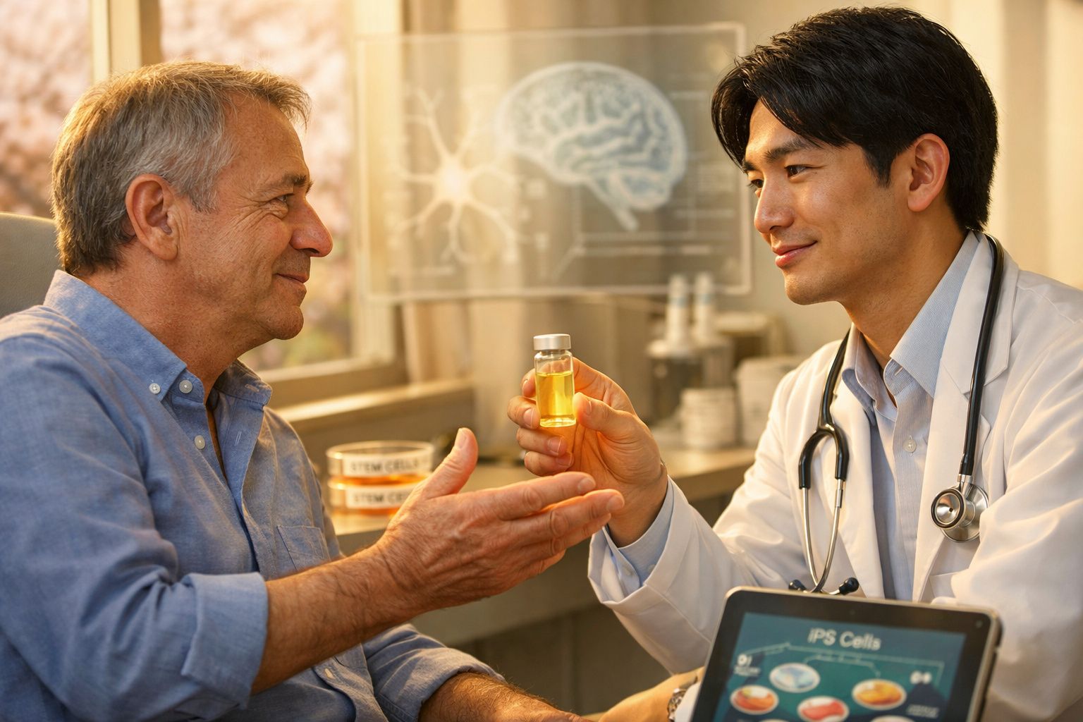 Médico entrega frasco de medicamento para paciente sénior numa consulta num consultório moderno.