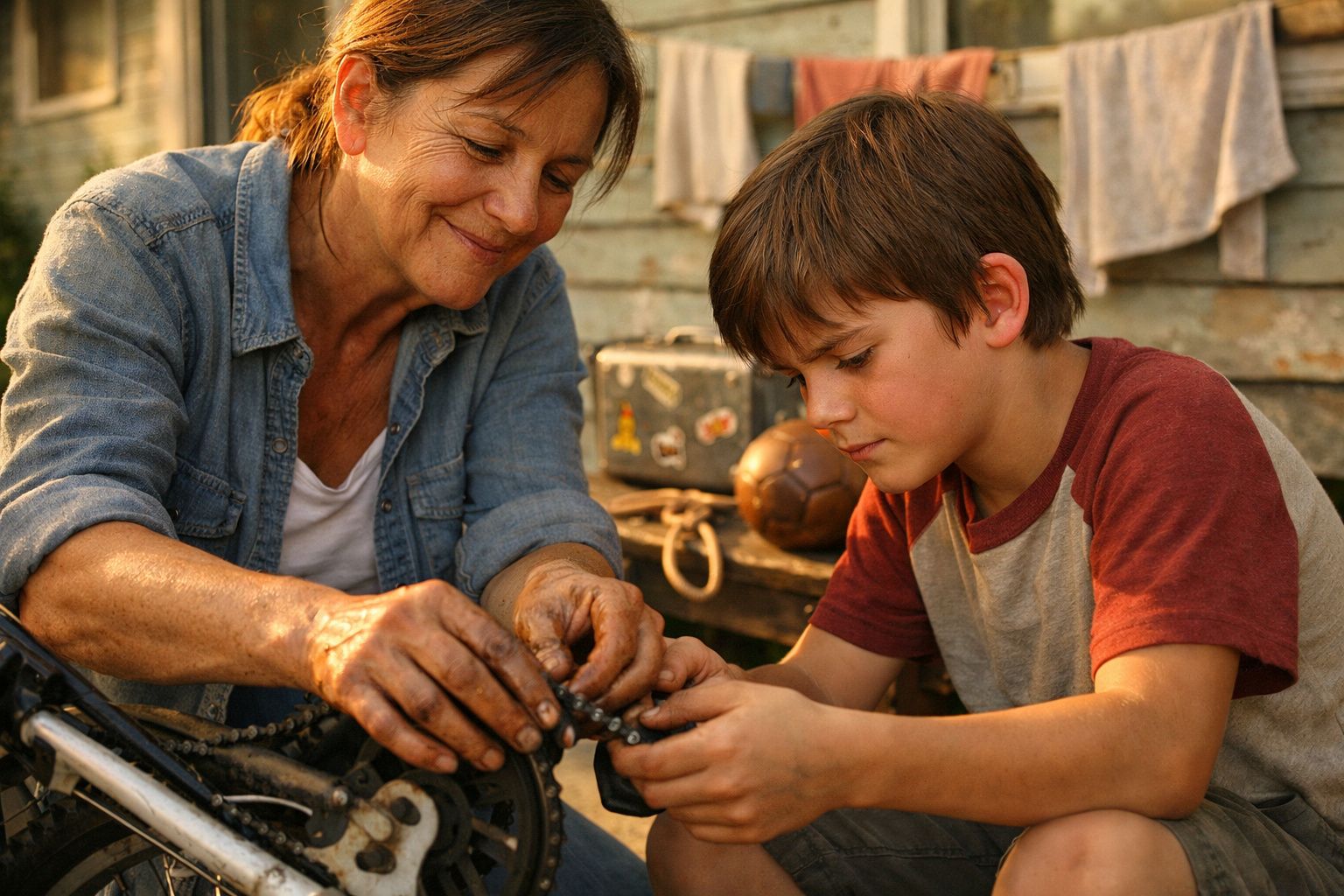 Mulher e menino a consertar a corrente de uma bicicleta juntos, num ambiente exterior.