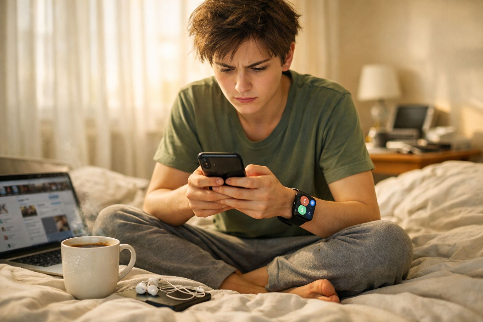 Jovem sentado na cama a usar telemóvel, com computador portátil, chávena de café e auriculares à frente.