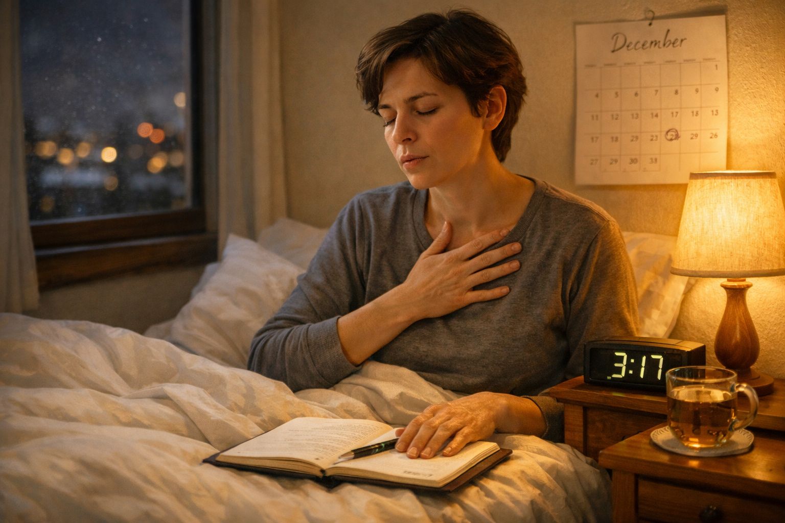 Mulher sentada na cama à noite com mão no peito, olhando para um livro aberto sobre a cama.