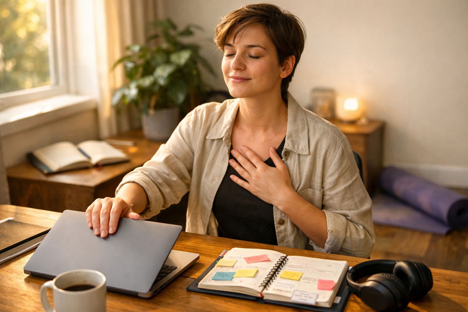 Mulher sorridente a fechar o portátil com uma mão e a tocar o peito com a outra, num ambiente de trabalho relaxado.