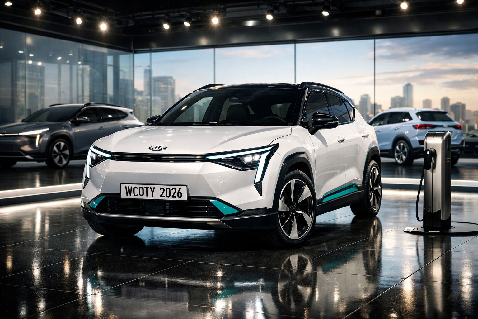 Carro elétrico branco Kia moderno numa sala de exposição com um posto de carregamento ao lado.