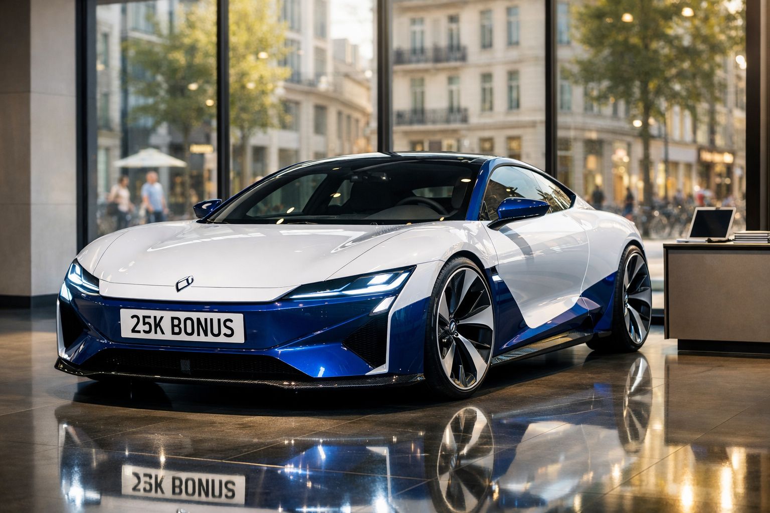 Carro desportivo elétrico azul e branco em showroom com placa "25K BONUS" e janelas grandes ao fundo.