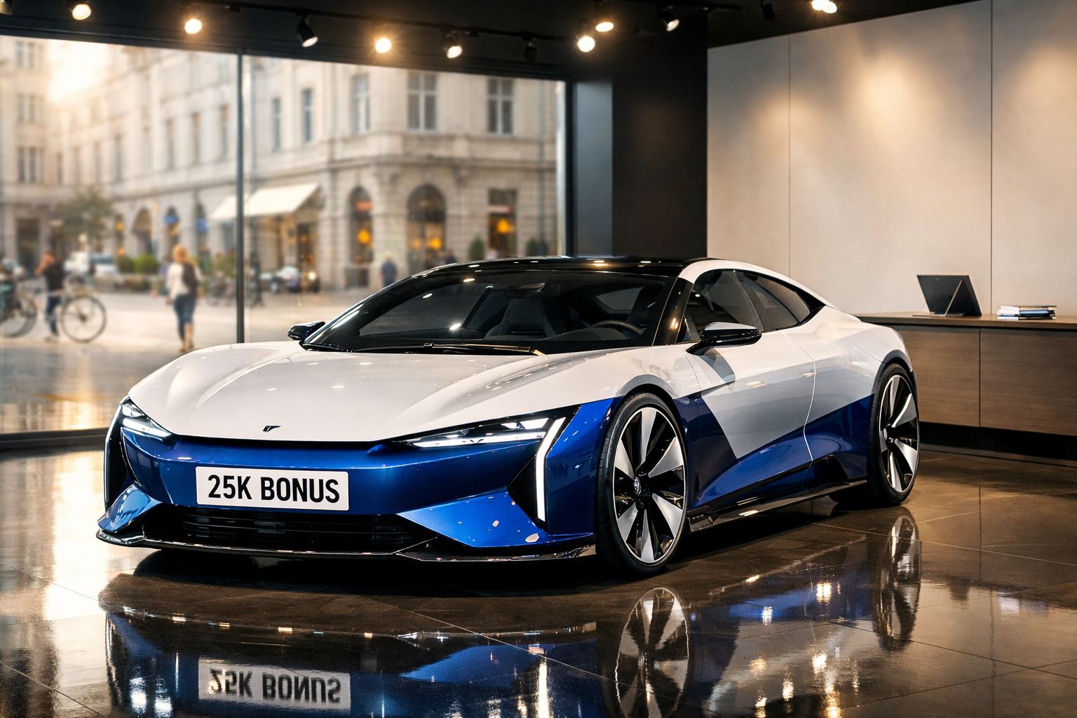 Carro desportivo elétrico branco e azul estacionado numa sala moderna com chão refletor.