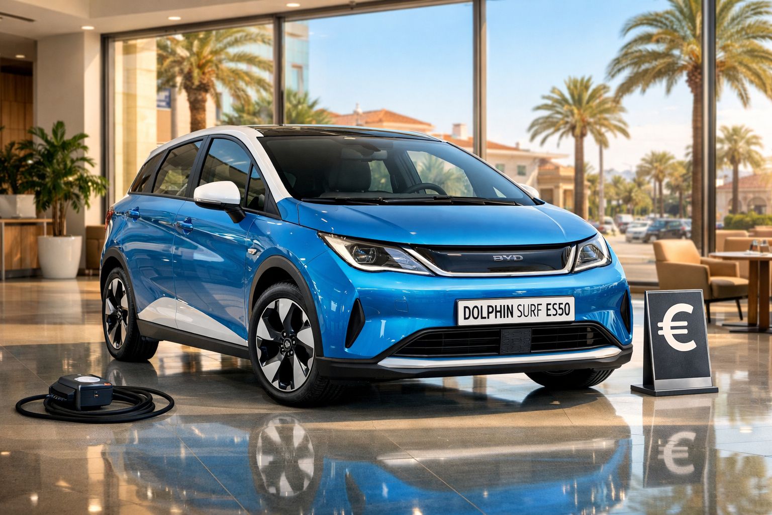 Automóvel elétrico azul BYD Dolphin Surf ES50 em exposição com carregador e símbolo euro ao lado, ambiente interior.