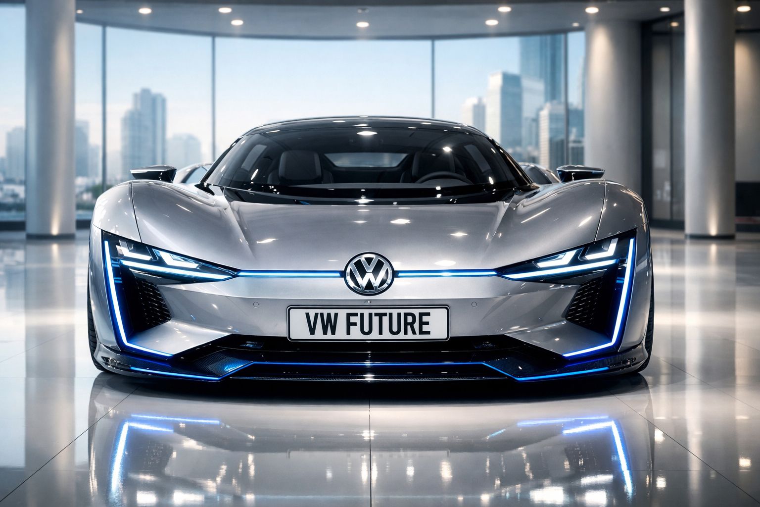Carro elétrico desportivo Volkswagen de futurista, frente prateada com luzes LED azuis, em showroom moderno.