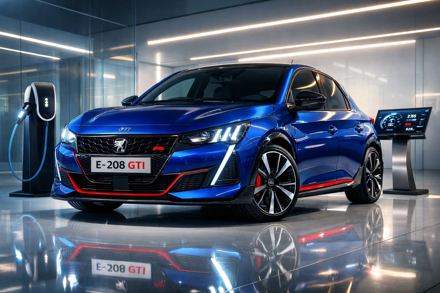 Peugeot E-208 GTI azul elétrico a carregar numa estação moderna num ambiente interior iluminado.