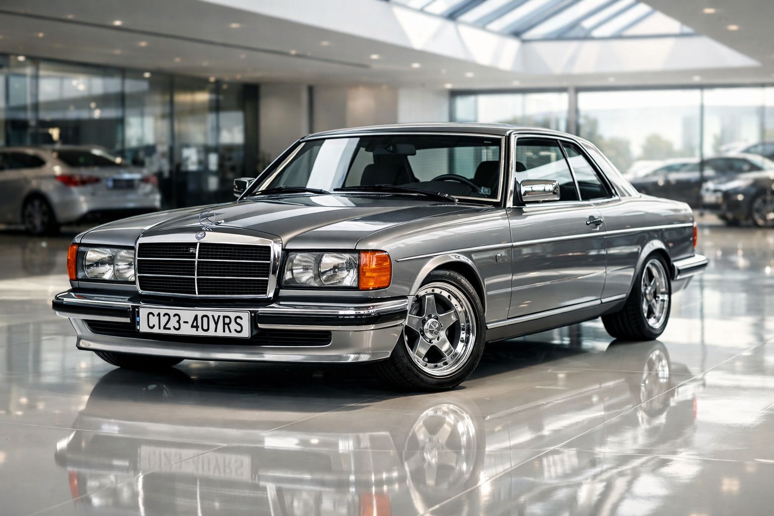 Carro clássico Mercedes-Benz prata estacionado numa exposição interior com chão refletor e luz natural.