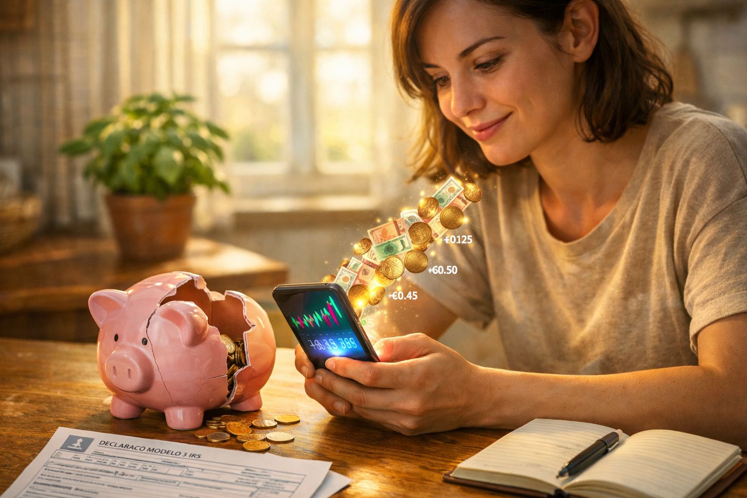 Mulher sentada a usar telemóvel, moeda e notas digitais saem de mealheiro partido numa mesa de madeira.