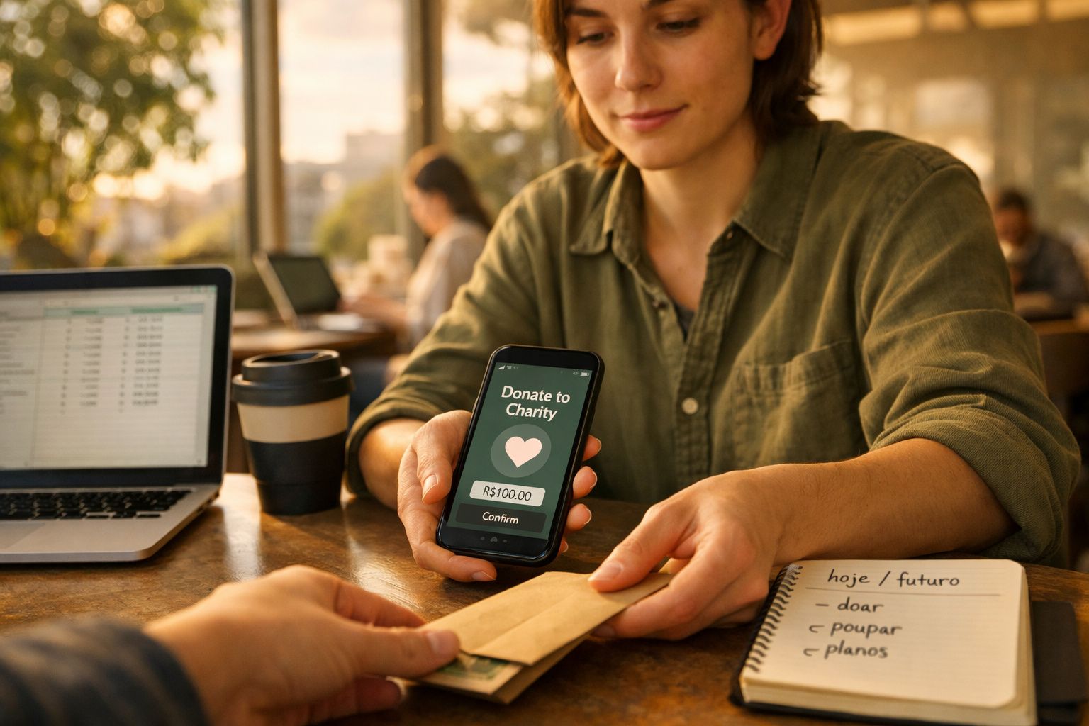 Pessoa a doar 100 reais para caridade via smartphone, com caderno e computador na mesa.