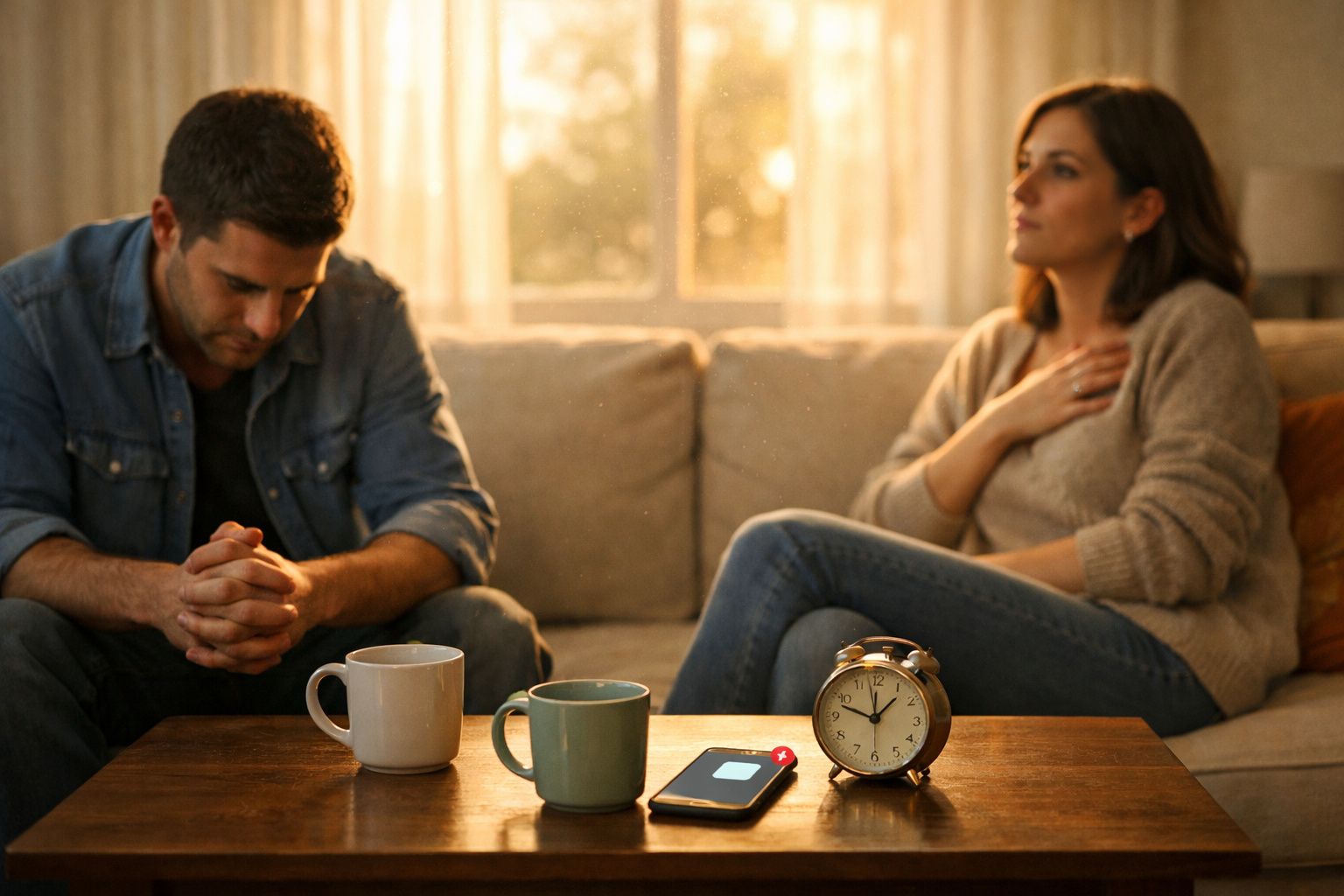 Casal sentado num sofá em silêncio, com relógio e telemóvel na mesa à frente, ambiente tenso.