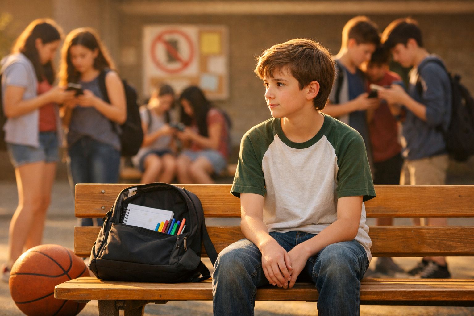 Rapaz sentado num banco com mochila e bola de basquetebol, com grupo de jovens ao fundo.