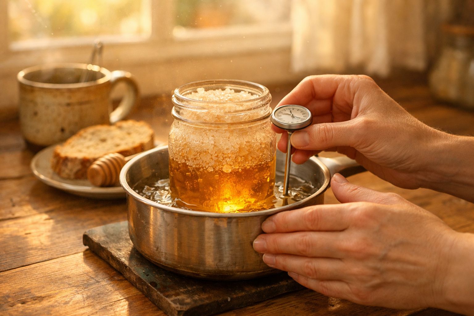 Pote de vidro com mel sendo aquecido em banho-maria enquanto uma pessoa mede a temperatura com termómetro.