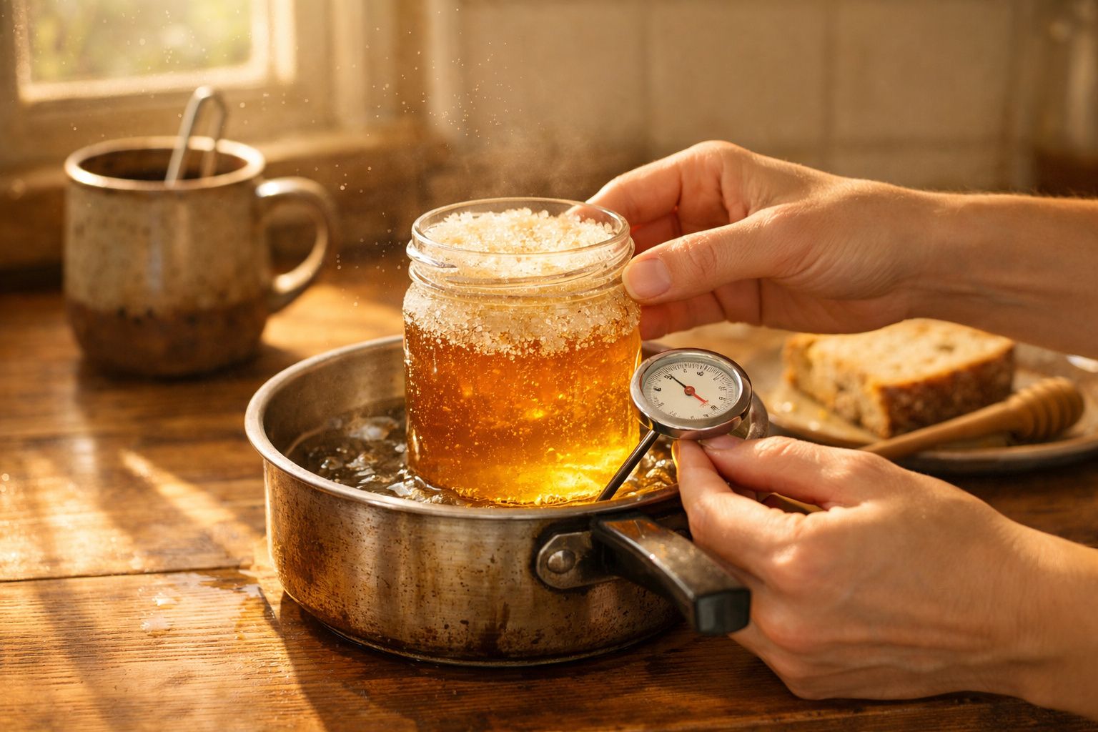 Mãos a medir a temperatura de um frasco com mel num banho-maria numa cozinha de madeira iluminada pelo sol.