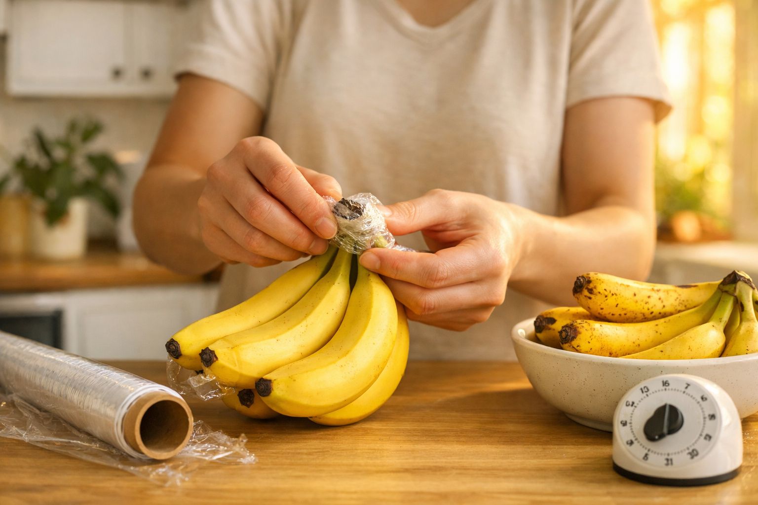 Pessoa a embrulhar um cacho de bananas com película aderente numa cozinha iluminada.