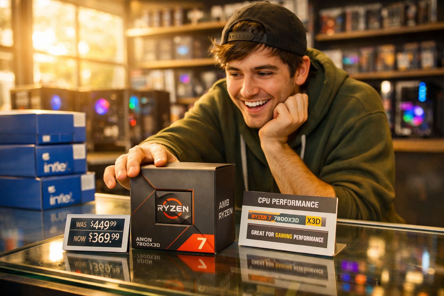 Homem sorridente observa caixa de processador AMD Ryzen 7 7800X3D em loja de eletrónica.