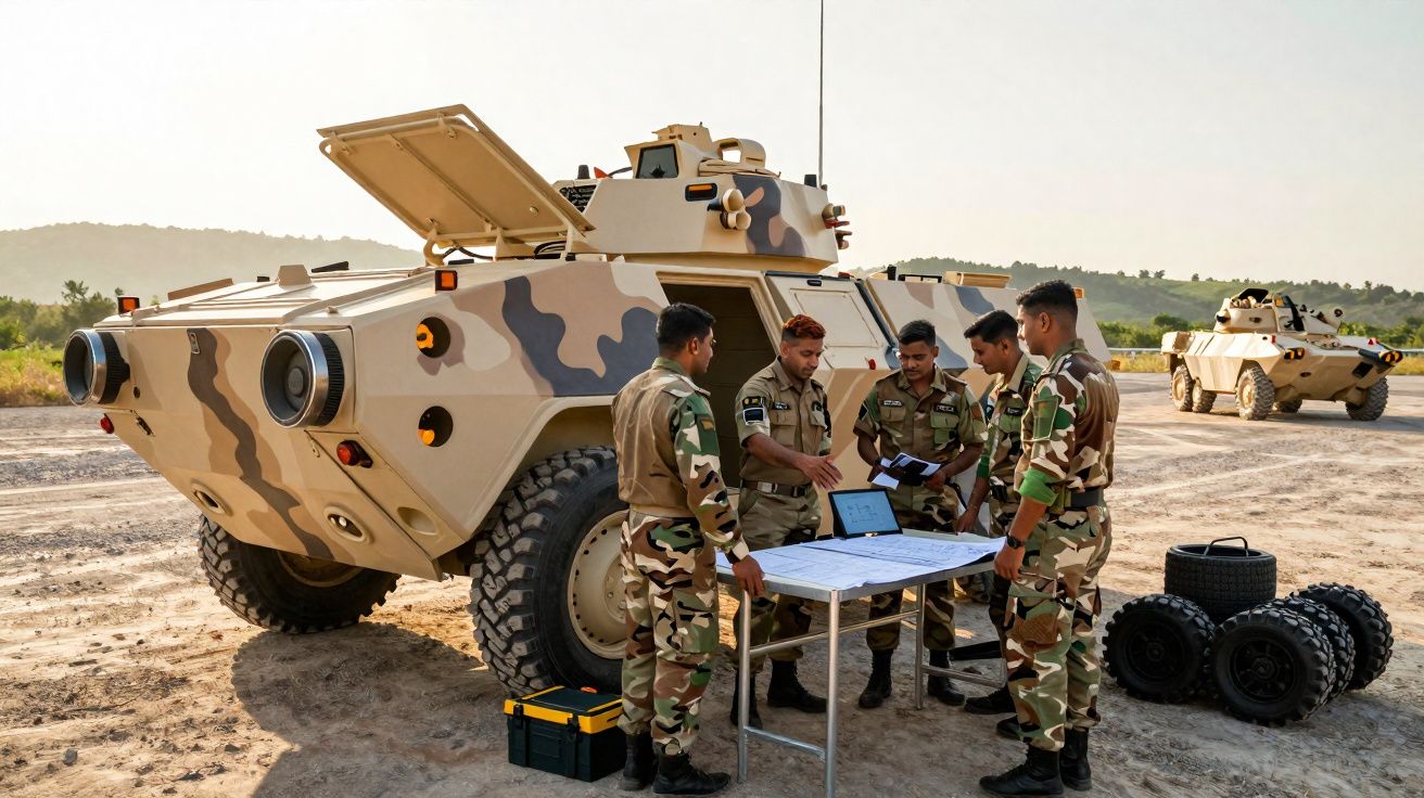 Soldados em uniforme de camuflagem analisam mapas junto a veículos blindados num terreno árido ao pôr do sol.