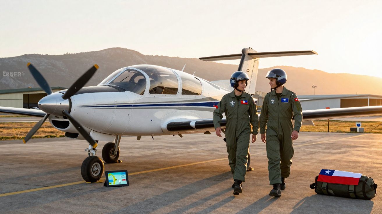 Dois pilotos militares com fato de voo e capacete caminham junto a um avião pequeno num aeroporto ao pôr do sol.