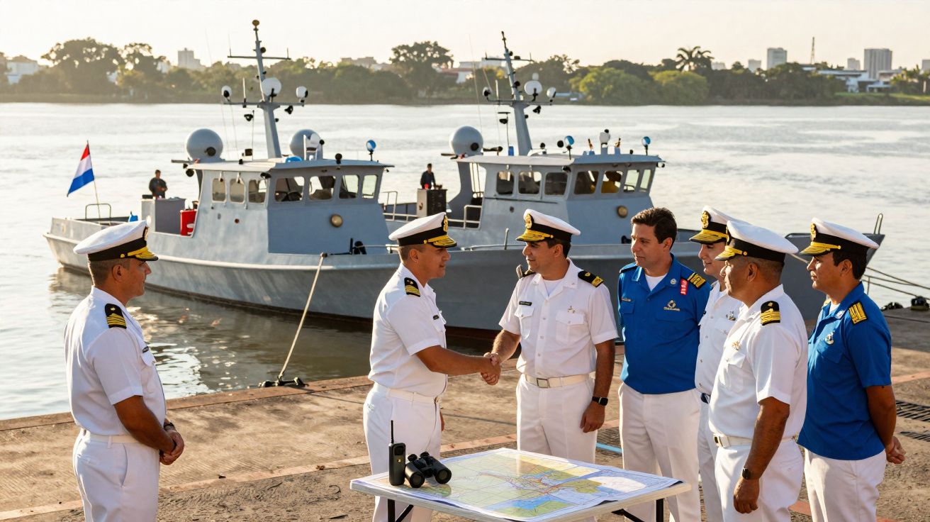 Oficiais navais em uniforme cumprimentam-se junto a um cais com dois barcos militares ancorados ao fundo.