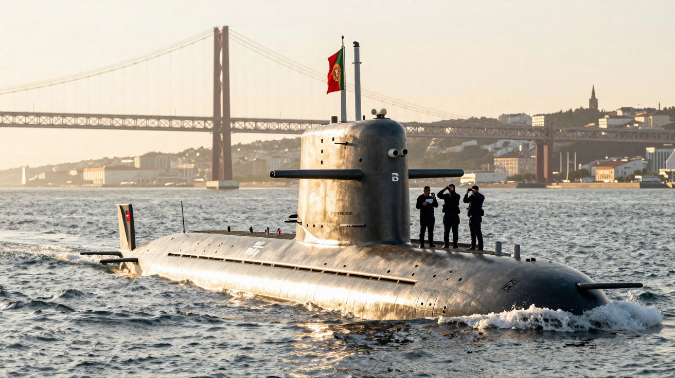 Submarino português em superfície perto de uma ponte suspensa com três tripulantes no convés ao pôr do sol.