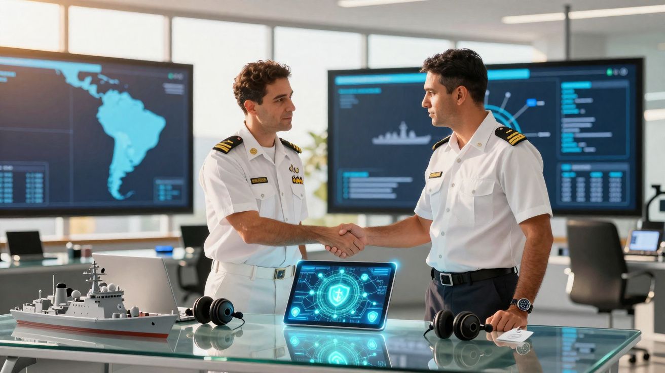 Dois oficiais navais apertam mãos em escritório moderno com mapas e gráficos digitais no ecrã.