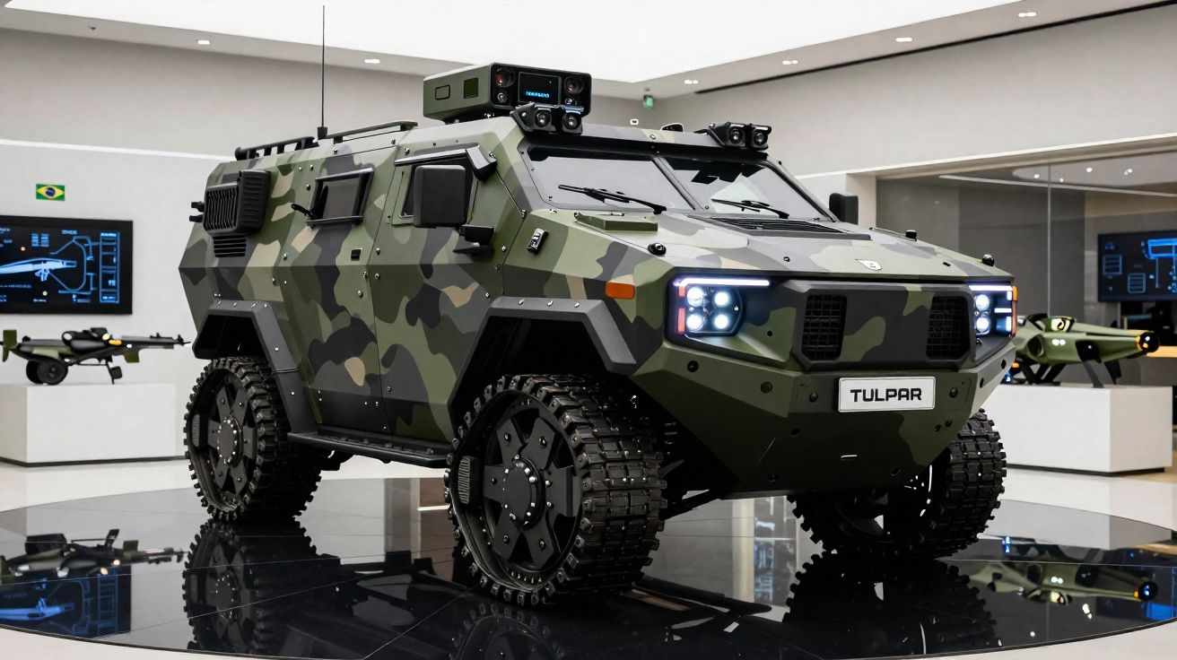 Veículo blindado militar de rodas com camuflagem verde, exposto em salão moderno com ecrãs ao fundo.