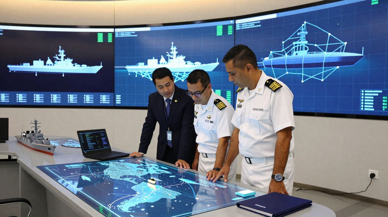 Três homens, dois em uniforme naval, analisam mapas e gráficos navais digitais numa sala de controlo moderna.