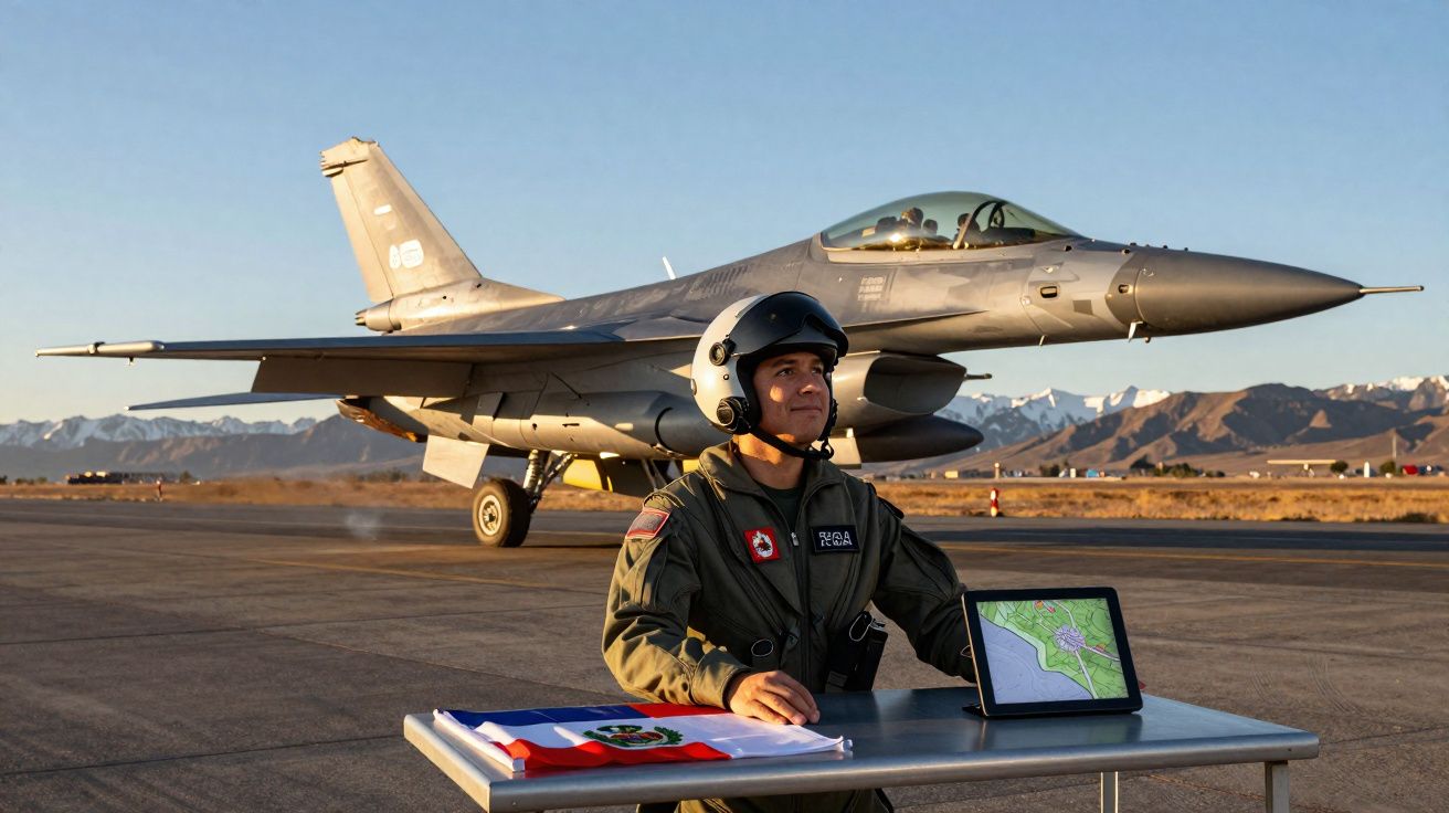 Piloto militar com fato de voo e capacete junto a mesa com tablet e bandeira, jato de combate estacionado em pista.